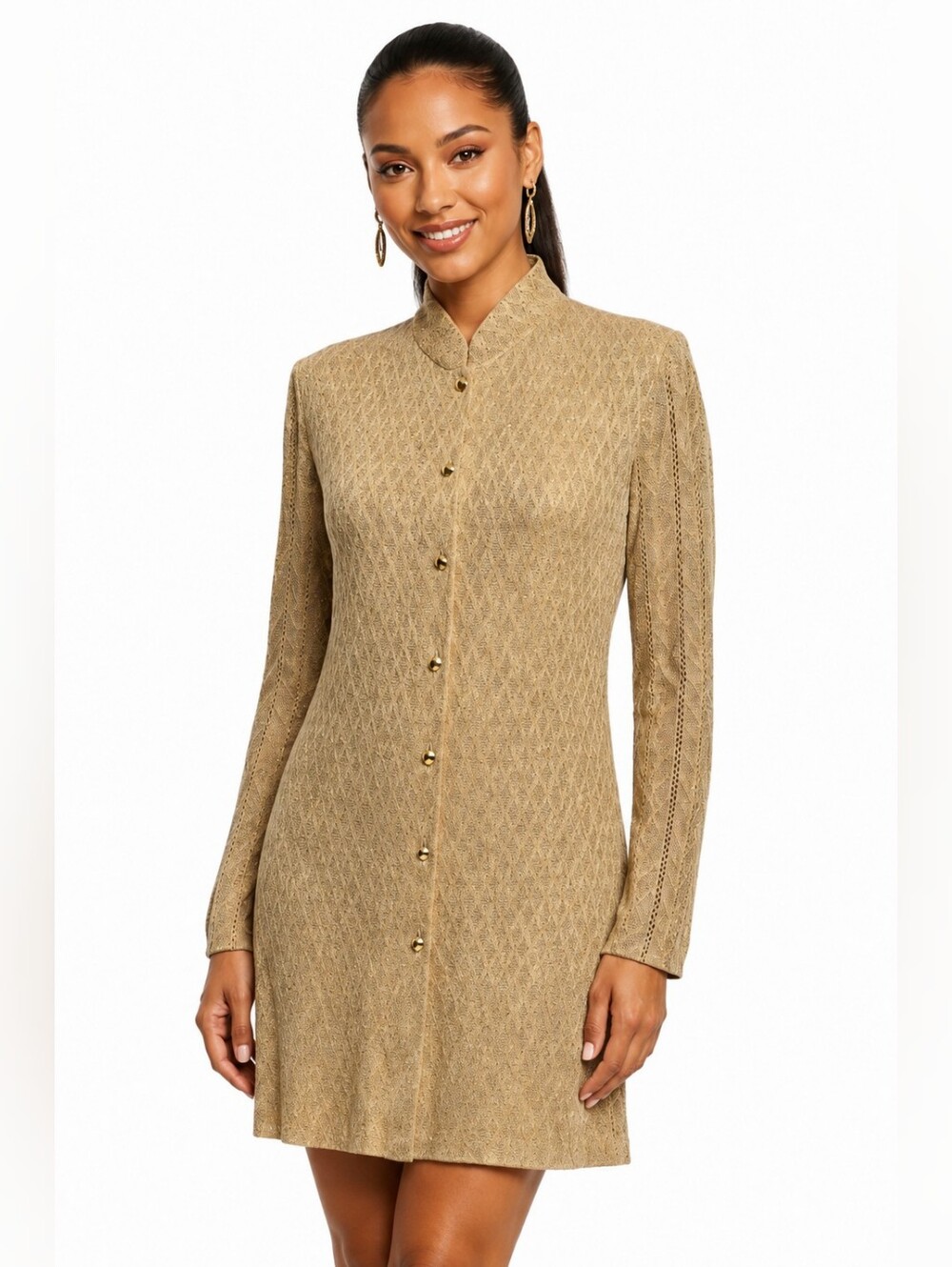 St John Evening Gold Metallic Knit Dress Long Jacket Cardigan Vintage M
